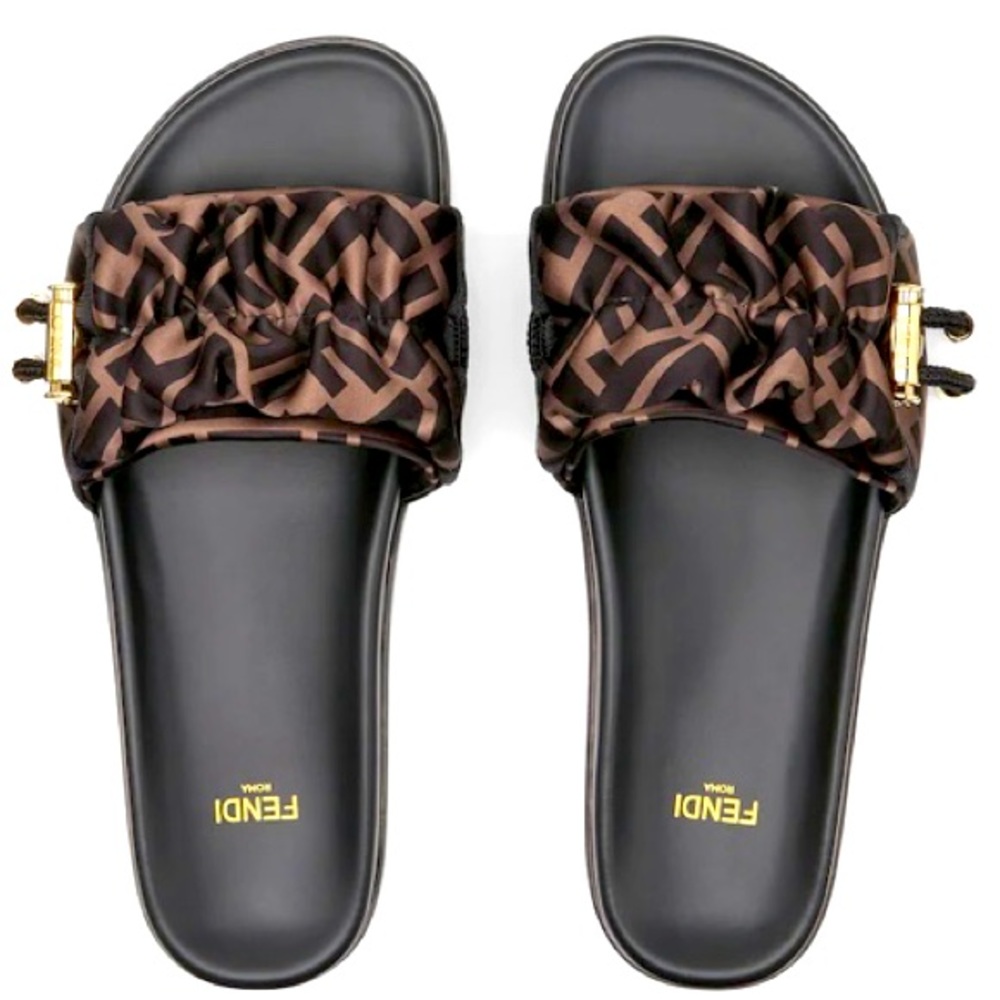FENDI NWT and Box.. Brown Satin Slides Size 10 (Size 40)